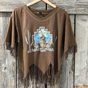 Vintage Fringe Boho Western Festival T-Shirt Cropped Coyote Desert Brown L/XL